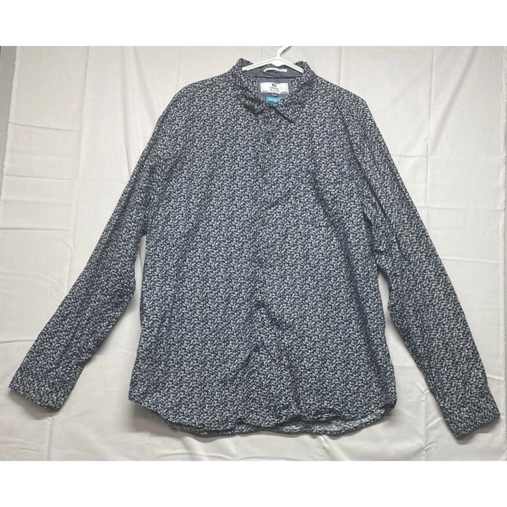 MBX Shirt Men 2XL Navy Blue White Leaf Floral Print Long Sleeve Button Up Casual